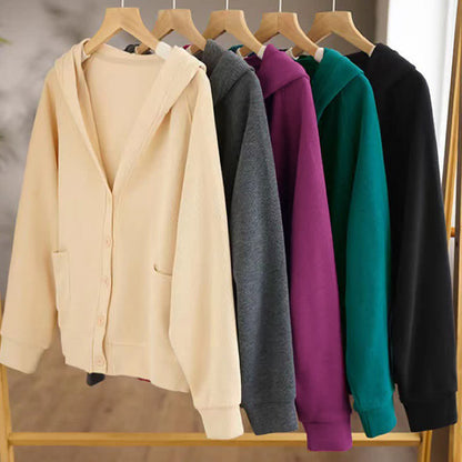 Buddha Stones Plain Buttons Women's Hooded Jacket With Pockets